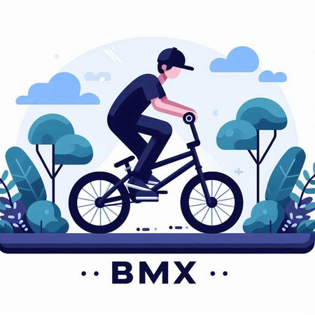 Bmx rider flat color vector illustration. Cartoon man riding bicycle in city park. Bmx rider isolated on white backgroundのイラスト素材