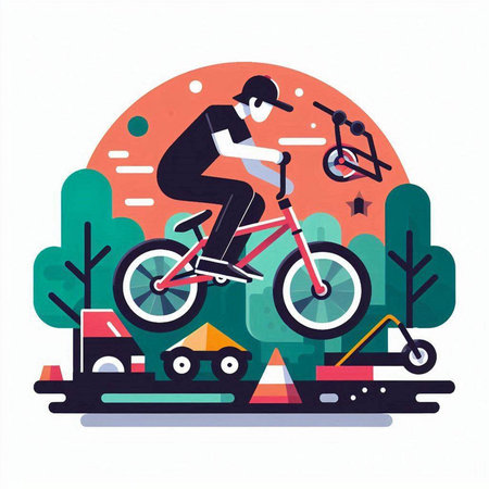 Cyclist riding bicycle in park. Flat style vector illustration.のイラスト素材