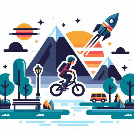 Vector illustration of a man riding a bicycle along the road in the mountains. Flat style design.のイラスト素材