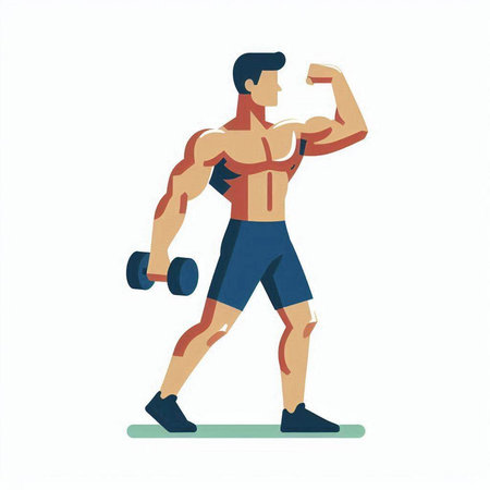 Muscular man doing exercises with dumbbells. Flat vector illustration.のイラスト素材