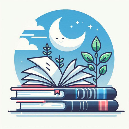 Vector illustration of a stack of books with a crescent moon in the background.のイラスト素材