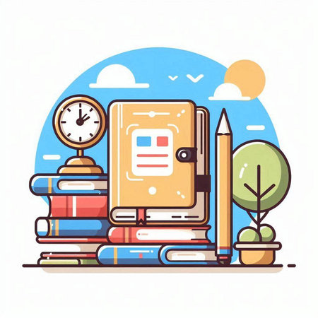 Pile of books, pencils and clock. Back to school. Vector illustrationのイラスト素材