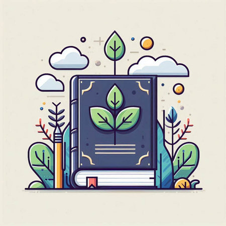 Vector illustration of book in flat linear style with trees and plants.のイラスト素材