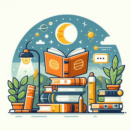 Flat design vector illustration of education and learning concept with books, lamp, cactus and moon.のイラスト素材
