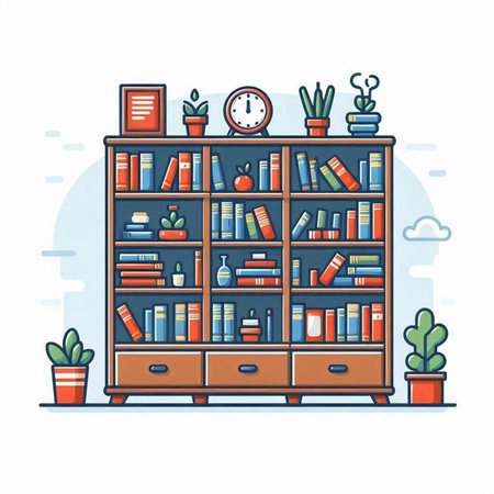 Bookshelf with books and plants. Vector illustration in flat styleのイラスト素材