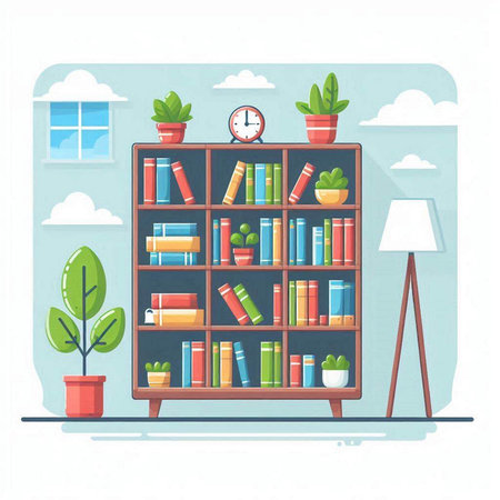 Bookshelf with books and plants. Flat style vector illustration.のイラスト素材