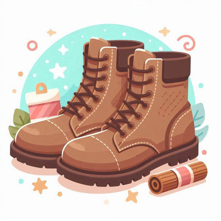 Hiking boots. Cartoon illustration of hiking boots. Vector illustration.のイラスト素材