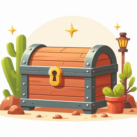 Wooden chest with keyhole and cactus. Vector illustration.のイラスト素材