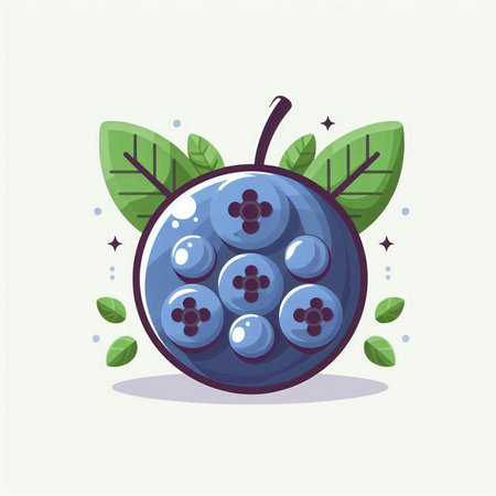 Blueberry with green leaves. Vector illustration in flat cartoon style.のイラスト素材