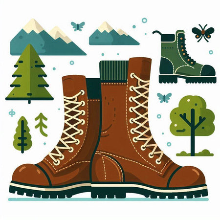 Hiking boots and forest. Vector illustration in a flat style.のイラスト素材