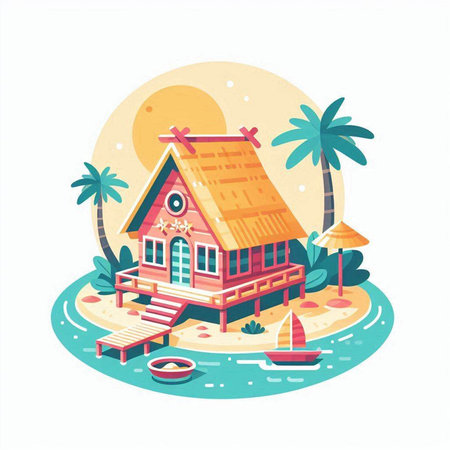 Tropical bungalow on the beach. Vector illustration.のイラスト素材
