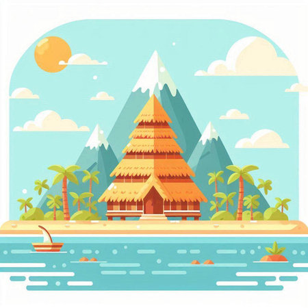 Tropical island with palm trees, boat and mountains. Vector illustrationのイラスト素材