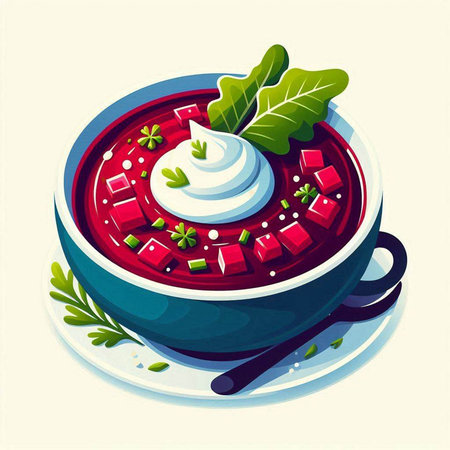 Vector illustration of bowl of borscht with sour cream and greensのイラスト素材