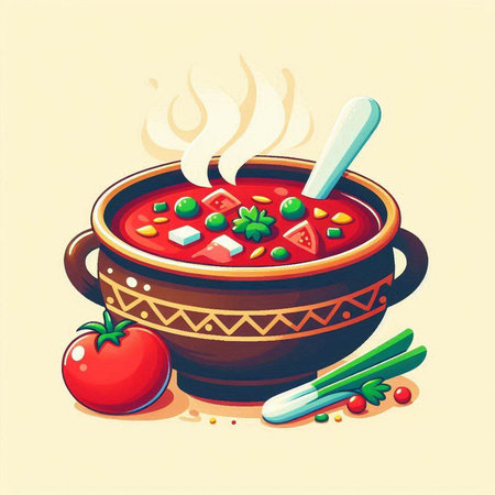 Tomato soup with vegetables and spices in clay pot. Vector illustration.のイラスト素材