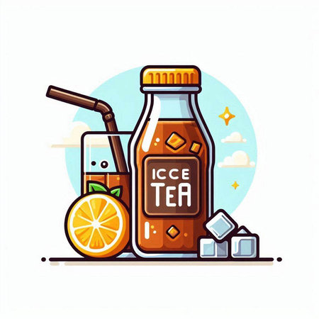 Vector illustration of a bottle of orange juice with ice cubes and a straw.のイラスト素材