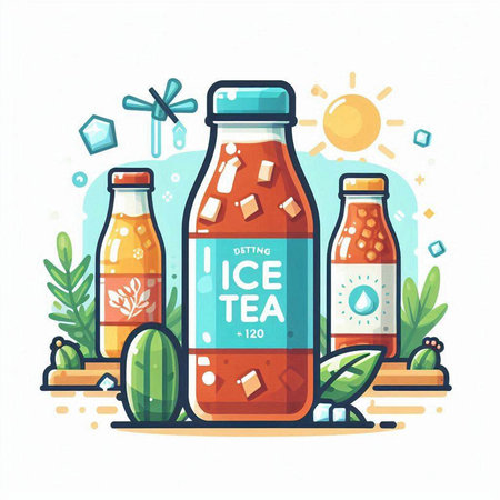 Bottle of juice with ice cubes. Vector illustration in flat style.のイラスト素材
