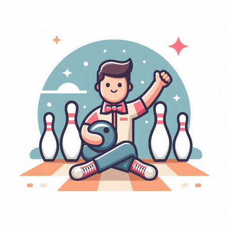 Bowling player with ball and pins. Vector illustration in cartoon style.のイラスト素材