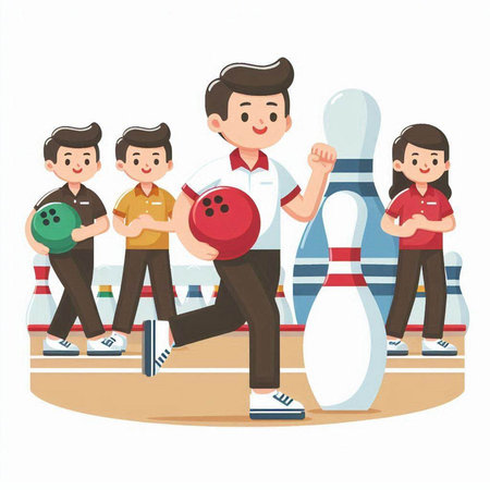 Vector illustration of man playing bowling with his friends. Cartoon style.のイラスト素材