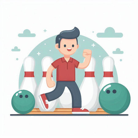 Man playing bowling. Vector illustration in flat style. Cartoon character.のイラスト素材