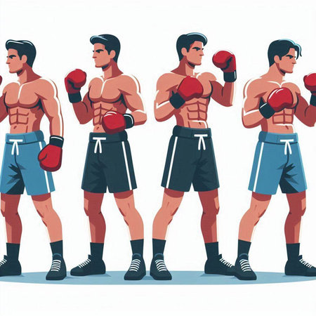 Boxing vector illustration set. Boxer in red and blue gloves.のイラスト素材
