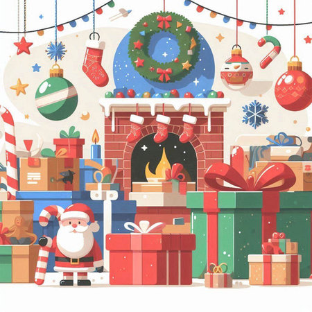 Santa Claus with presents and fireplace. Merry Christmas and Happy New Year greeting card.のイラスト素材