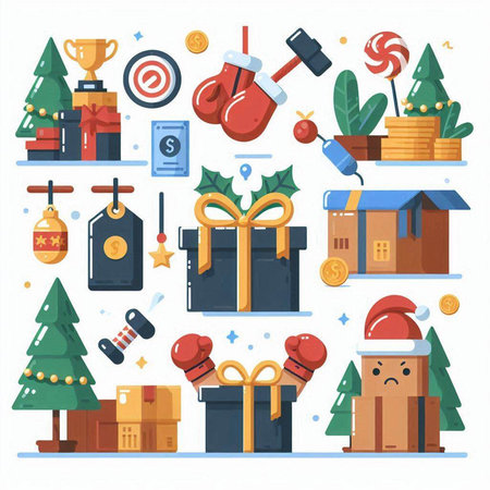 Christmas and New Year icons set in flat style. Vector illustration.のイラスト素材