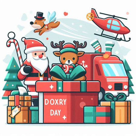 Santa Claus and reindeer with Christmas gifts. Vector illustration.のイラスト素材