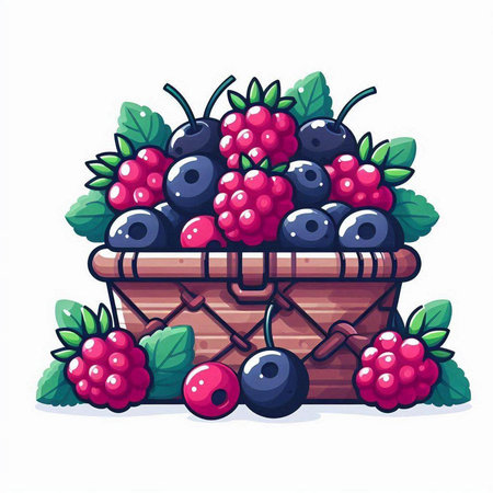 Basket with berries. Vector illustration of a basket full of berries.のイラスト素材