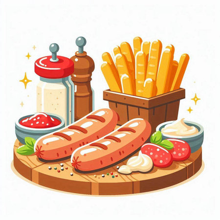 Sausage and french fries on wooden board. Vector illustration.のイラスト素材
