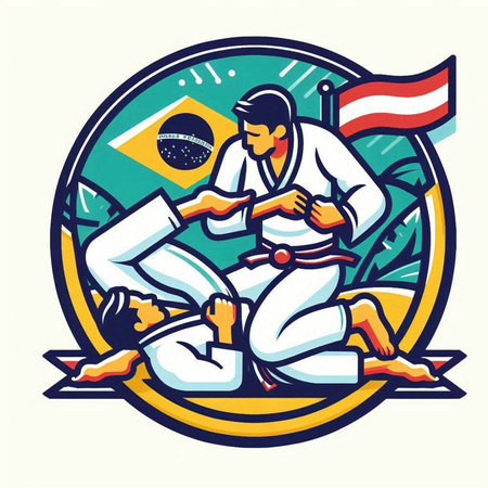 Illustration of a karate fighter with brazilian flag set inside circle done in retro style.のイラスト素材