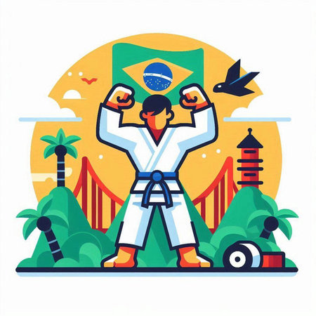 Karate karate man in kimono and helmet on the background of the city. Vector illustrationのイラスト素材