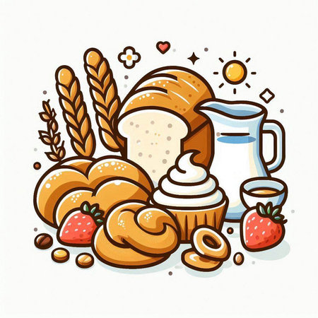 Bakery products. Vector illustration of bread, croissant, butter, milk.のイラスト素材