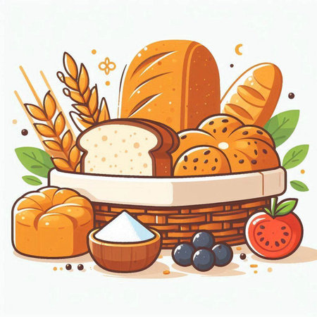 Basket with bread and vegetables. Vector illustration in cartoon style.のイラスト素材