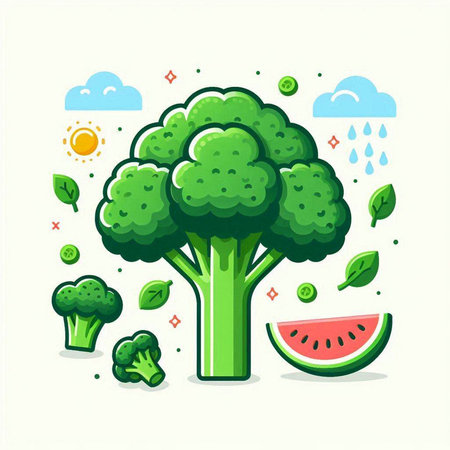 Broccoli and watermelon. Vector illustration in flat cartoon style.のイラスト素材