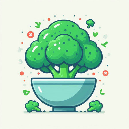 Broccoli in a bowl on a white background. Vector illustration.のイラスト素材