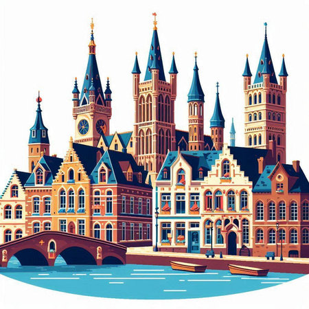 Cityscape of Bruges, Belgium, Europe. Vector illustrationのイラスト素材