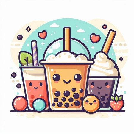 Funny cartoon bubble tea with ice cream and fruits. Vector illustration.のイラスト素材