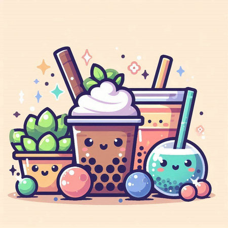 Cute cartoon bubble tea with ice cream. Vector illustration of bubble tea.のイラスト素材