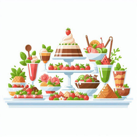Catering table with different desserts. Vector illustration in flat styleのイラスト素材