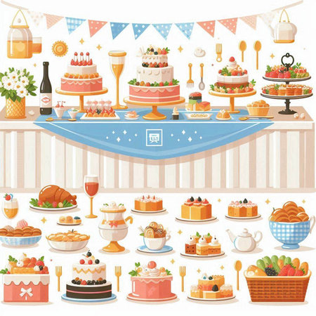 Catering table with desserts and food. Vector illustration in cartoon styleのイラスト素材
