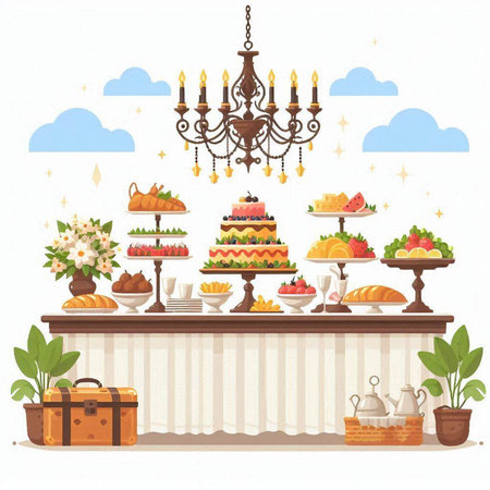 Vector illustration of a buffet with sweets and desserts in flat style.のイラスト素材
