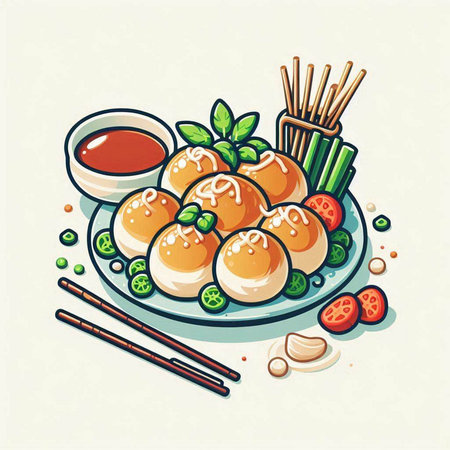 Illustration of dim sum with chopsticks and soy sauce, vectorのイラスト素材