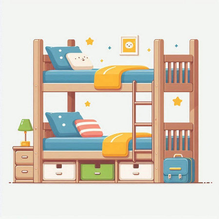 Bunk bed with pillows and bedside table, vector illustrationのイラスト素材
