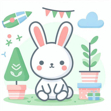 Cute white rabbit sitting on the grass in the garden. Vector illustrationのイラスト素材