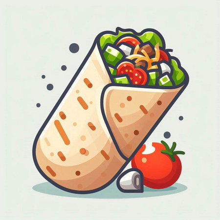 Tortilla wrap with vegetables and meat. Vector illustration in flat style.のイラスト素材