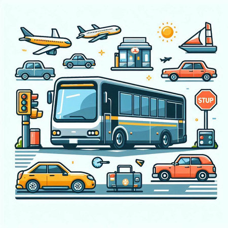 Set of transport flat line icons. Vector illustration of bus, car, train, taxi, bus, bus, bus, train, train, bus, tram, bus.のイラスト素材