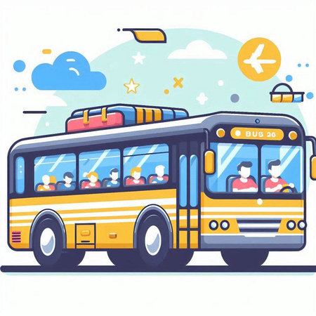 School bus with passengers on the road. Vector illustration in flat styleのイラスト素材