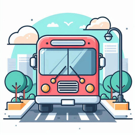 Bus on the road in the city. Vector illustration in flat styleのイラスト素材