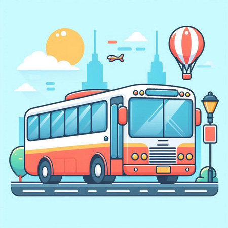 Bus on the road in the city. Flat design vector illustration.のイラスト素材