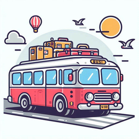 Vector illustration of a red bus with luggage on the roof. Traveling by bus.のイラスト素材